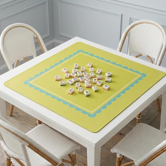 Mahjong Mat Table Playmat Surface Nonslip Rubber Backing Neoprene Yellow Chartreuse Turquoise Scallop Border Liner Mahjong Accessories Set