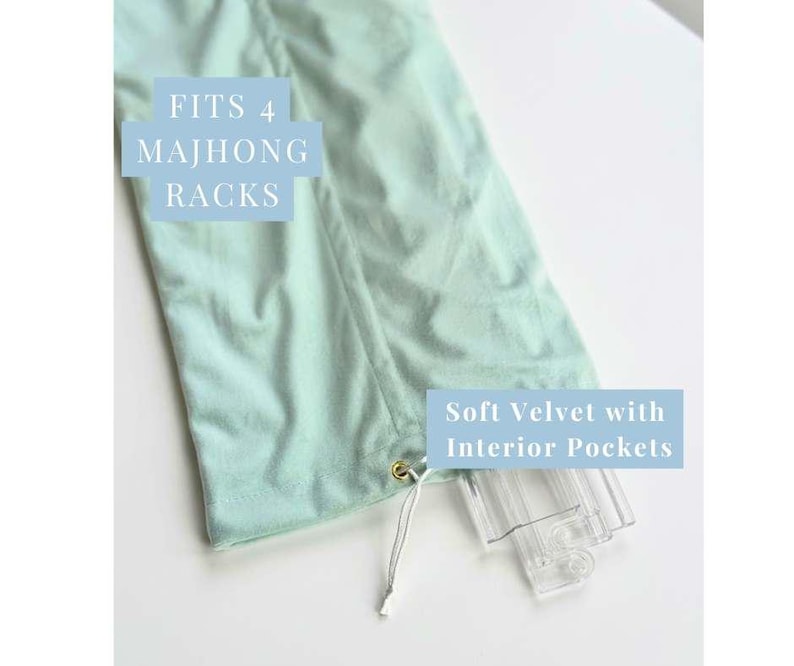 Perfect Gift Idea Velvet Mahjong Bag Luxury Gaming Accessory Drawstring Pouch Design Premium Storage Solution Rack Holder System Four Interior Pockets Elegant Mint Navy Options Gold Accent Detail Beautiful Protection Method Convenient