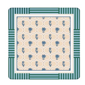Mahjong Mat Green Blue Floral Block Print Coastal Design Pattern Playmat Tiles Game Table Protector Pad Neoprene Surface Non Slip Rubber Backing Stitched Edges Enthusiast Gifts Ideas Player Essentials Beautiful Neutral Colors Beige White
