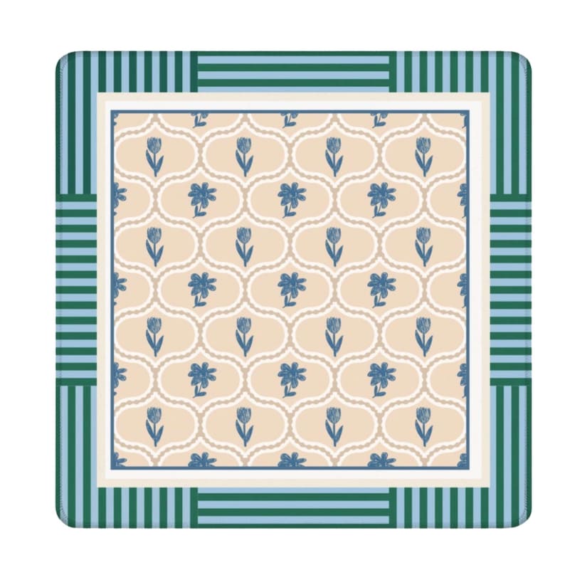 Mahjong Mat Green Blue Floral Block Print Coastal Design Pattern Playmat Tiles Game Table Protector Pad Neoprene Surface Non Slip Rubber Backing Stitched Edges Enthusiast Gifts Ideas Player Essentials Beautiful Neutral Colors Beige White