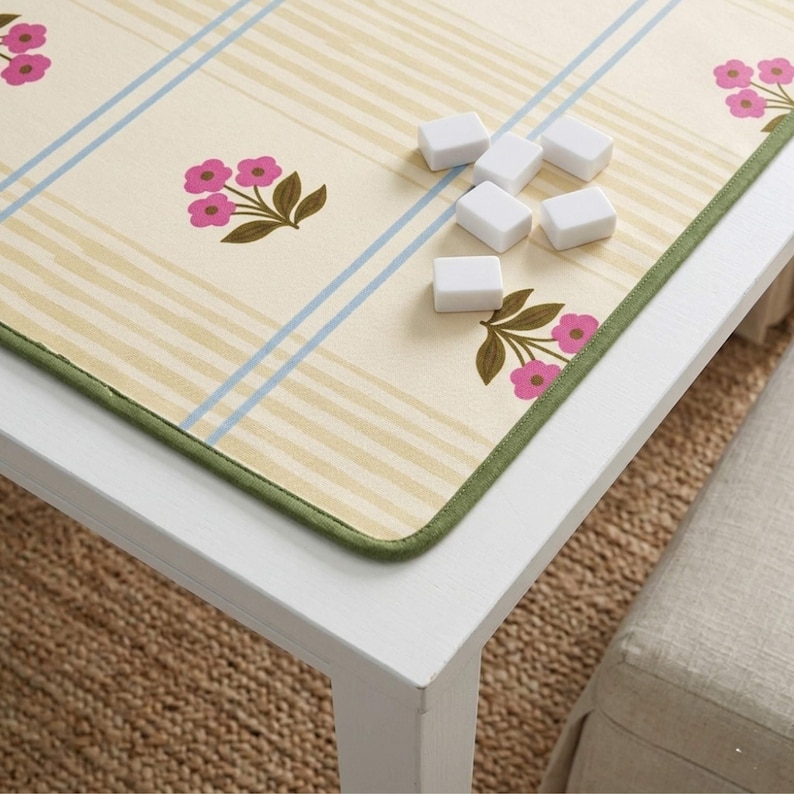 Table Mat Game Surface Protector Mahjong Tile Board Square Pad Washable Neoprene Fabric Nonslip Backing Yellow Hand Painted Stripes Blue Accents Floral Design Green Border Stitched Edges Player Gift Idea Enthusiast Present Game Room