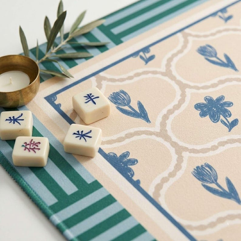 Coastal Design Pattern Mahjong Mat Floral Block Print Green Blue Neutral Colors Game Table Protector Playmat Tiles Neoprene Surface Non Slip Rubber Backing Stitched Edges Enthusiast Gifts Ideas Player Essentials Beautiful Beige White
