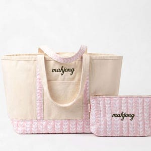Stylish Mahjong Gift Canvas Tote Bag Game Accessory Collection Matching Zippered Pouch Set Block Print Design Embroidered Detail Heavy Duty Fabric Practical Storage Solution Convenient Carrying Option Player Essential Item Organized Tile