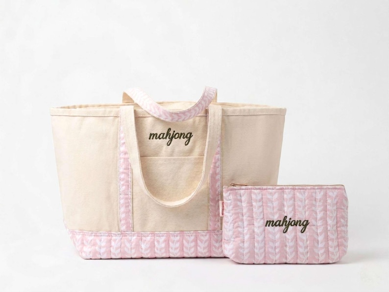 Stylish Mahjong Gift Canvas Tote Bag Game Accessory Collection Matching Zippered Pouch Set Block Print Design Embroidered Detail Heavy Duty Fabric Practical Storage Solution Convenient Carrying Option Player Essential Item Organized Tile