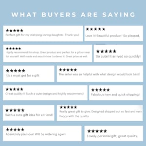 May include: A light blue graphic with the text "WHAT BUYERS ARE SAYING" at the top. Below are customer reviews with star ratings, such as "Perfect gift" and "Great quality!"