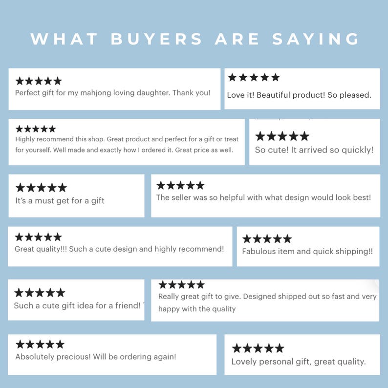 May include: A light blue graphic with the text "WHAT BUYERS ARE SAYING" at the top. Below are customer reviews with star ratings, such as "Perfect gift" and "Great quality!"
