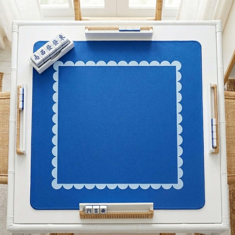 Mahjong Table Mat Coastal Scallop Design Blue Neoprene Playmat Game Surface Tile Protector Non-Slip Rubber Backing Stitched Edges Perfect Gaming Essential Square Pad Mahjong Tiles Protection Gift Game Enthusiast Accessories Collection