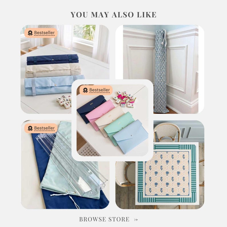 May include: A collection of mahjong accessories including rolled fabric mats in navy, beige, and light blue, envelope-style cases in various colors, a tall patterned fabric storage bag, a clear acrylic rack, and a square table mat with a blue floral pattern.