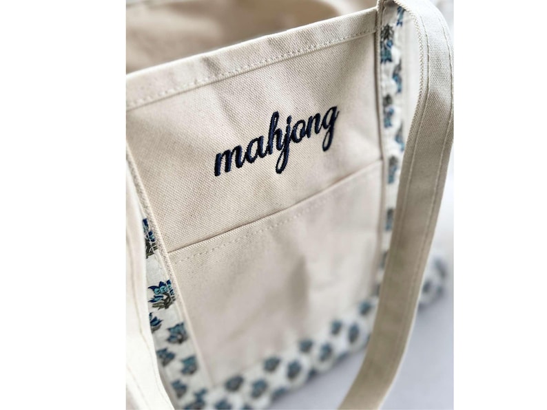 Game Tile Carrier Mahjong Tote Bag Matching Pouch Set Canvas Cotton Blend Block Print Design Embroidered Script Detail Top Zip Closure Front Pocket Feature Heavy Duty Construction Stylish Player Accessory Practical Organization Solution