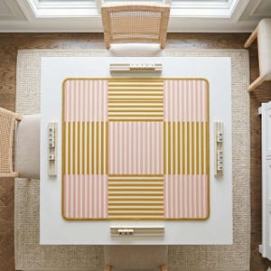 Mahjong Table Accessory Neoprene Playmat 33 Inch Square Surface Pink Yellow Gold Pattern Nonslip Game Mat Rubber Backing Protection Chinese Wind Direction Design Soft Fabric Construction Stitched Border Edges Room Pad Essential Gift Set