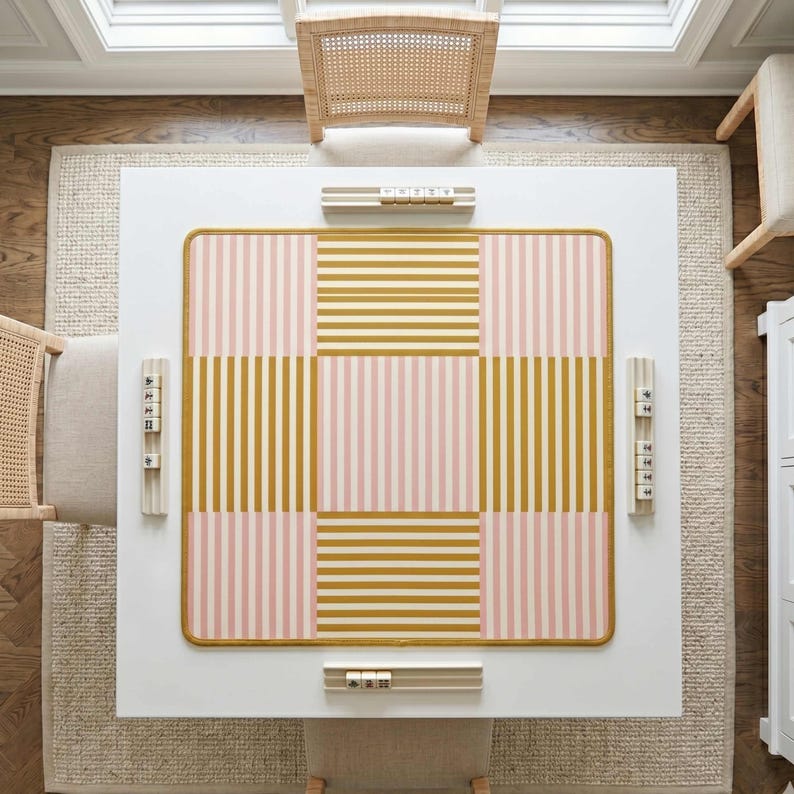 Mahjong Table Accessory Neoprene Playmat 33 Inch Square Surface Pink Yellow Gold Pattern Nonslip Game Mat Rubber Backing Protection Chinese Wind Direction Design Soft Fabric Construction Stitched Border Edges Room Pad Essential Gift Set