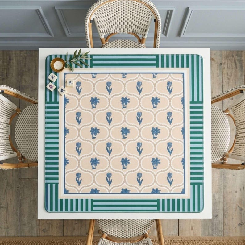 Floral Block Print Coastal Design Mahjong Mat Green Blue Neutral Pattern Playmat Tiles Game Table Protector Neoprene Surface Non Slip Rubber Backing Stitched Edges Enthusiast Gifts Ideas Player Essentials Beautiful Beige White Striped