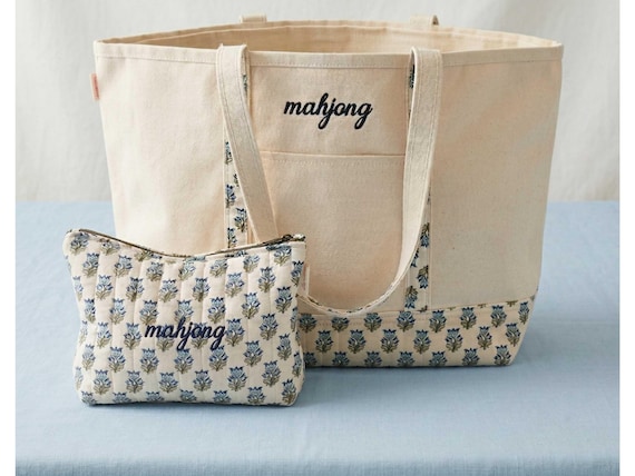 Mahjong Tote Bag Canvas Carrier Cotton Pouch Block Print Design Embroidered Game Eco Friendly Heavy Duty Gift Set Tile Accessory Matching