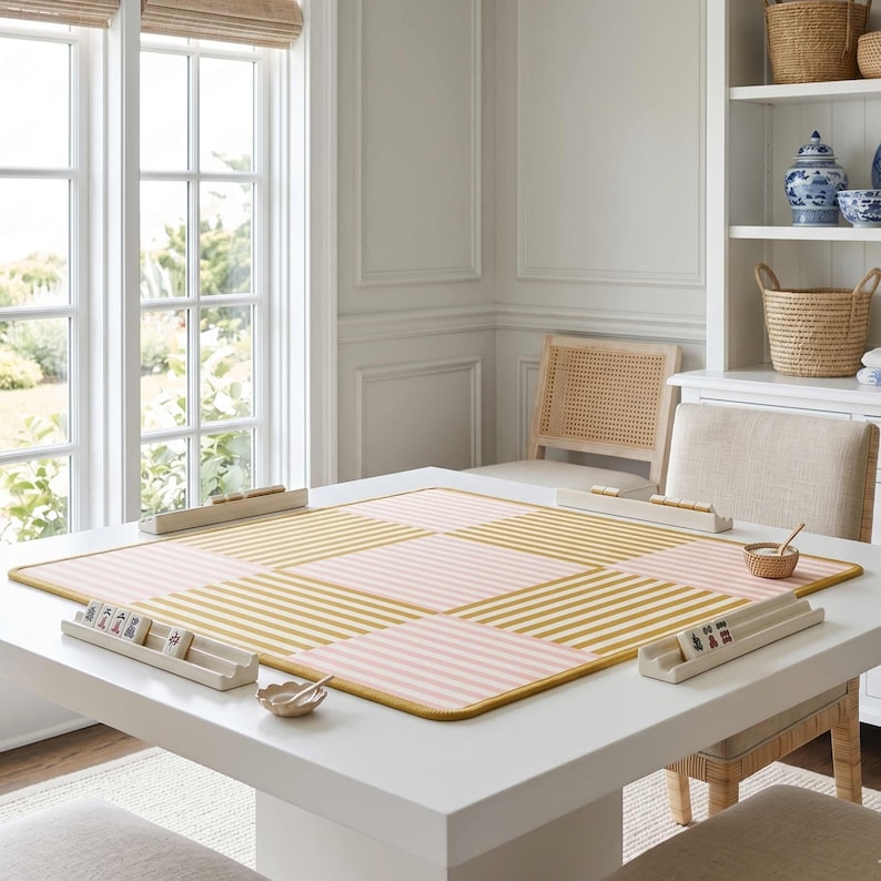 Pink Yellow Color Pattern Mahjong Mat Gold Tone Design Neoprene Table Surface 33 Inch Square Playmat Nonslip Rubber Backing Soft Fabric Top Stitched Edges Border Trim Chinese Wind Direction Characters Game Room Pad Tile Protection Surface