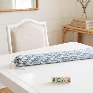 Portable Game Carrier Canvas Storage Bag Mahjong Mat Organizer Drawstring Closure Toggle Natural Rope Handle Cotton Canvas Blue White Block Print Leaf Pattern Custom Design Premium Quality Construction Game Accessory Storage Solution Travel