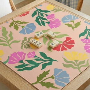 Table Protector Mahjong Mat Pink Floral Design Neoprene Playing Surface Gaming Pad Non Slip Backing Fabric Top Layer Square Tile Playing Area Stitched Edges Rounded Corners Game Accessories Gift Ideas Birthday Player Present