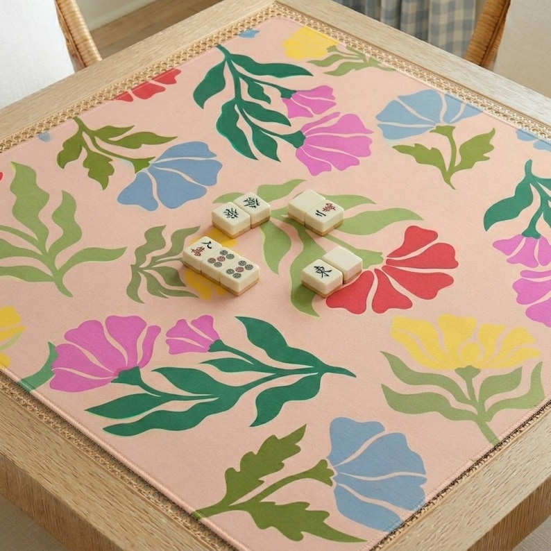 Table Protector Mahjong Mat Pink Floral Design Neoprene Playing Surface Gaming Pad Non Slip Backing Fabric Top Layer Square Tile Playing Area Stitched Edges Rounded Corners Game Accessories Gift Ideas Birthday Player Present