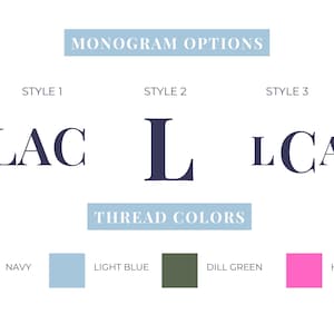 May include: Image detailing monogram options and thread colours. Features three monogram styles: LAC, L, and LCA. Thread colour options include navy, light blue, dill green, and hot pink. Text reads "MONOGRAM OPTIONS" and "THREAD COLORS".