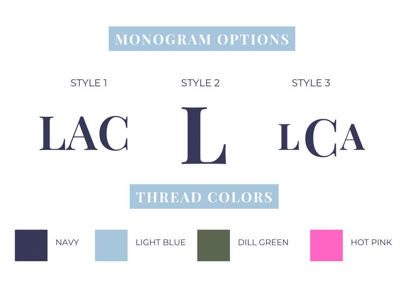 May include: Image detailing monogram options and thread colours. Features three monogram styles: LAC, L, and LCA. Thread colour options include navy, light blue, dill green, and hot pink. Text reads "MONOGRAM OPTIONS" and "THREAD COLORS".