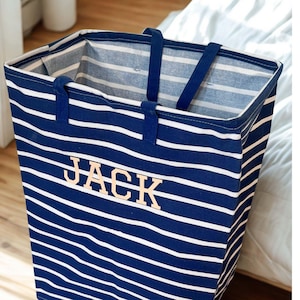 Kids Personalized Laundry Hamper Storage Solution Bathroom Clothes Basket for Kids Room Storage Bin Navy Toy Bin Custom Home Organization