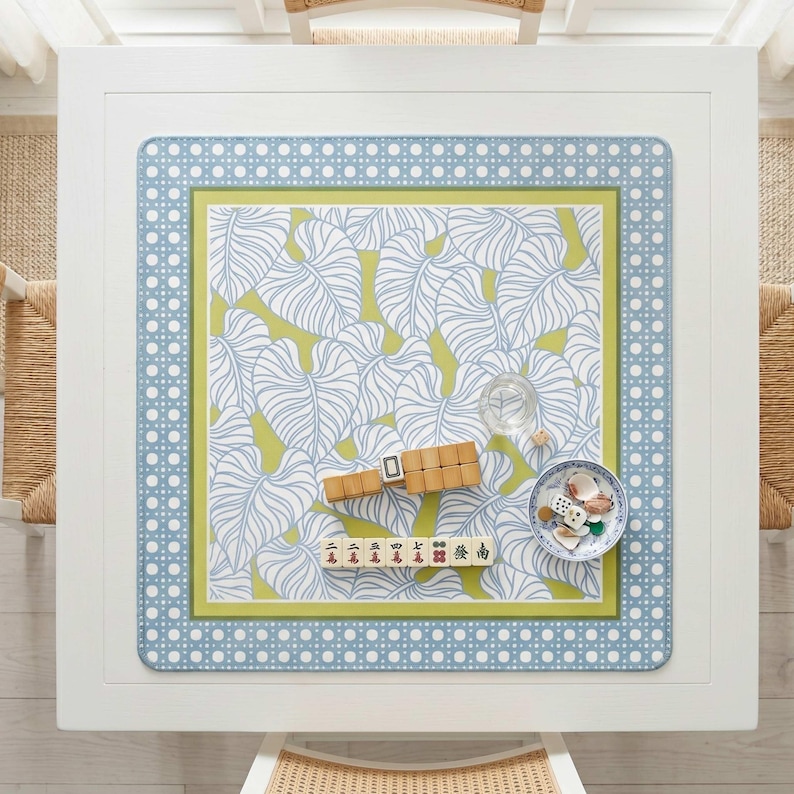 Coastal Mahjong Mat Pattern Design Light Blue Rattan Cane Border Botanical Print Square Gaming Surface Perfect Gift Game Lovers Premium Neoprene Material Non Slip Rubber Backing Table Protection Pad Game Room Essential Stitched Edges