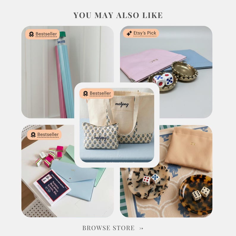 May include: A selection of Etsy items, including a tote bag, cosmetic bag, and dice. The tote bag and cosmetic bag feature the word "mahjong". Other items include a pink pouch, dice, and a small dish.
