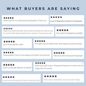 K&ouml;nnte beinhalten: Eine hellblaue Grafik mit der &Uuml;berschrift WHAT BUYERS ARE SAYING, die zw&ouml;lf wei&szlig;e rechteckige K&auml;stchen in einem Raster zeigt. Jedes K&auml;stchen enth&auml;lt f&uuml;nf schwarze Sterne und Kundenbewertungen zu Mahjong-Matten und Geschenkartikeln.