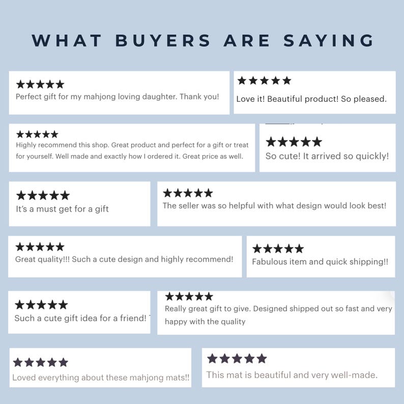 K&ouml;nnte beinhalten: Eine hellblaue Grafik mit der &Uuml;berschrift WHAT BUYERS ARE SAYING, die zw&ouml;lf wei&szlig;e rechteckige K&auml;stchen in einem Raster zeigt. Jedes K&auml;stchen enth&auml;lt f&uuml;nf schwarze Sterne und Kundenbewertungen zu Mahjong-Matten und Geschenkartikeln.