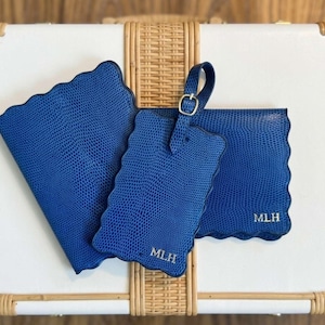Personalized Passport Cover Luggage Tag Monogram Set Custom Travel Document Holder Leather Scalloped Edge Design Embossed Initials Gift Idea