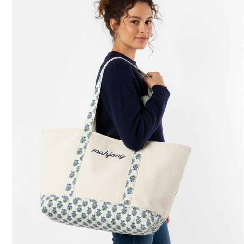 Mahjong Player Essential Canvas Tote Bag Matching Pouch Combination Block Print Design Feature Embroidered Script Detail Top Zip Closure Front Pocket Storage Heavy Duty Construction Eco Friendly Material Game Tile Organization Stylish