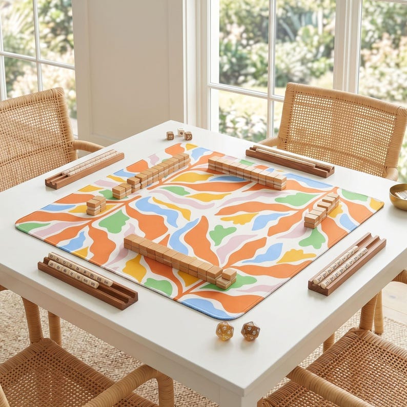 Table Protector Game Room Mahjong Mat Square Gaming Surface Neoprene Non Slip Pad Floral Design Colorful Pastel Pattern Summer Playmat Accessory Player Gift Enthusiast Present Coral Blue Yellow Pink USA Made Quality Construction