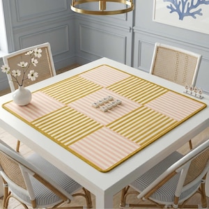 Square Playmat 33 Inch Mahjong Table Mat Pink Yellow Gold Color Block Design Chinese Wind Direction Characters Neoprene Construction Nonslip Surface Protection Rubber Backing Material Soft Fabric Top Game Room Pad Stitched Edges Border Trim