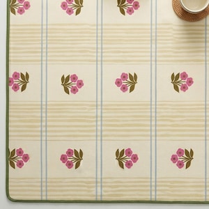Square Pad Neoprene Mat Mahjong Game Surface Tile Protector Hand Painted Yellow Stripes Blue Accents Block Print Floral Design Green Border Nonslip Rubber Backing Stitched Edges Rounded Corners Player Enthusiast Gift Idea Game Room