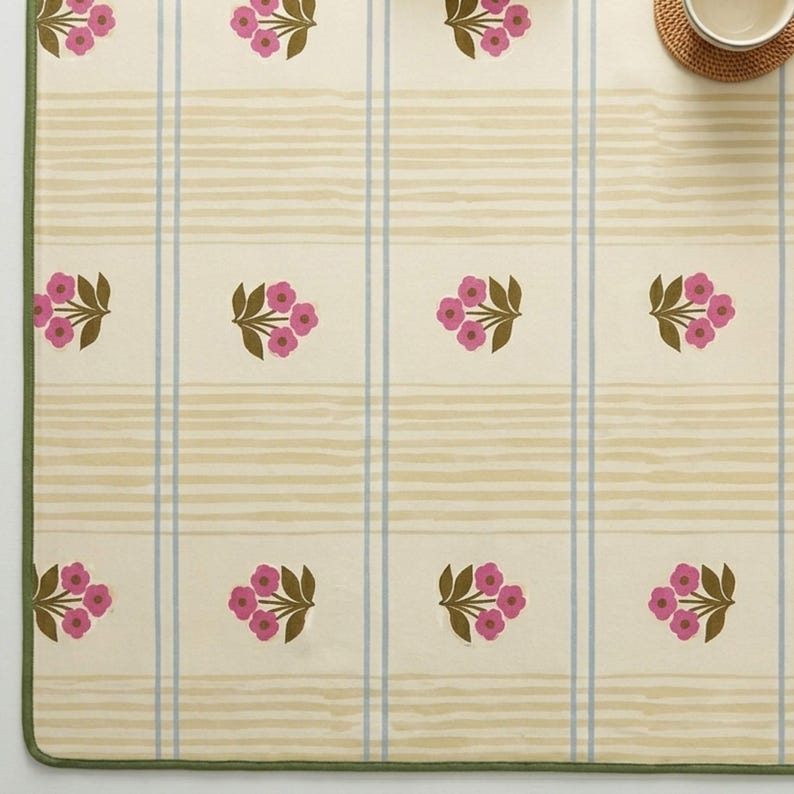 Square Pad Neoprene Mat Mahjong Game Surface Tile Protector Hand Painted Yellow Stripes Blue Accents Block Print Floral Design Green Border Nonslip Rubber Backing Stitched Edges Rounded Corners Player Enthusiast Gift Idea Game Room
