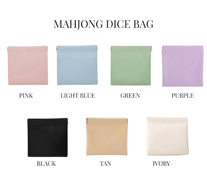 May include: A selection of Mahjong dice bags in various colors, including pink, light blue, green, purple, black, tan, and ivory. Each bag is square-shaped with a folded top. The text "MAHJONG DICE BAG" is displayed above the bags.