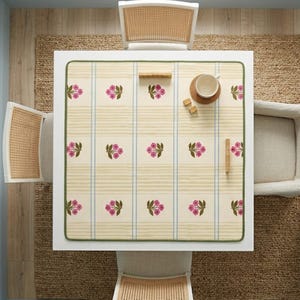 Tile Protector Board Game Surface Mahjong Table Mat Nonslip Rubber Backing Neoprene Square Pad Yellow Hand Painted Stripes Block Print Floral Design Blue Accents Green Border Stitched Edges Game Room Accessory Player Gift Idea Enthusiast