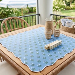 Scalloped Edge Mahjong Mat Neoprene Game Pad Soft Pink Floral Playing Surface Blue Tile Design Table Protector Portable Travel Case Canvas Bag Complete Set Premium Quality Construction Perfect Gift Mahjong Enthusiast