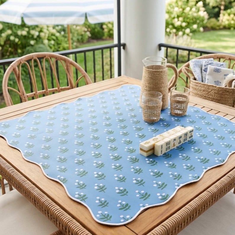 Scalloped Edge Mahjong Mat Neoprene Game Pad Soft Pink Floral Playing Surface Blue Tile Design Table Protector Portable Travel Case Canvas Bag Complete Set Premium Quality Construction Perfect Gift Mahjong Enthusiast
