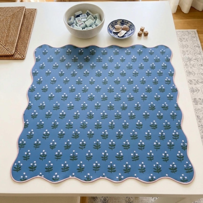 Premium Mahjong Table Protector Neoprene Game Pad Mat Soft Pink Floral Pattern Blue Tile Playing Surface Scalloped Edge Design Portable Travel Case Canvas Bag Perfect Gift Enthusiast Quality Construction Beautiful Details