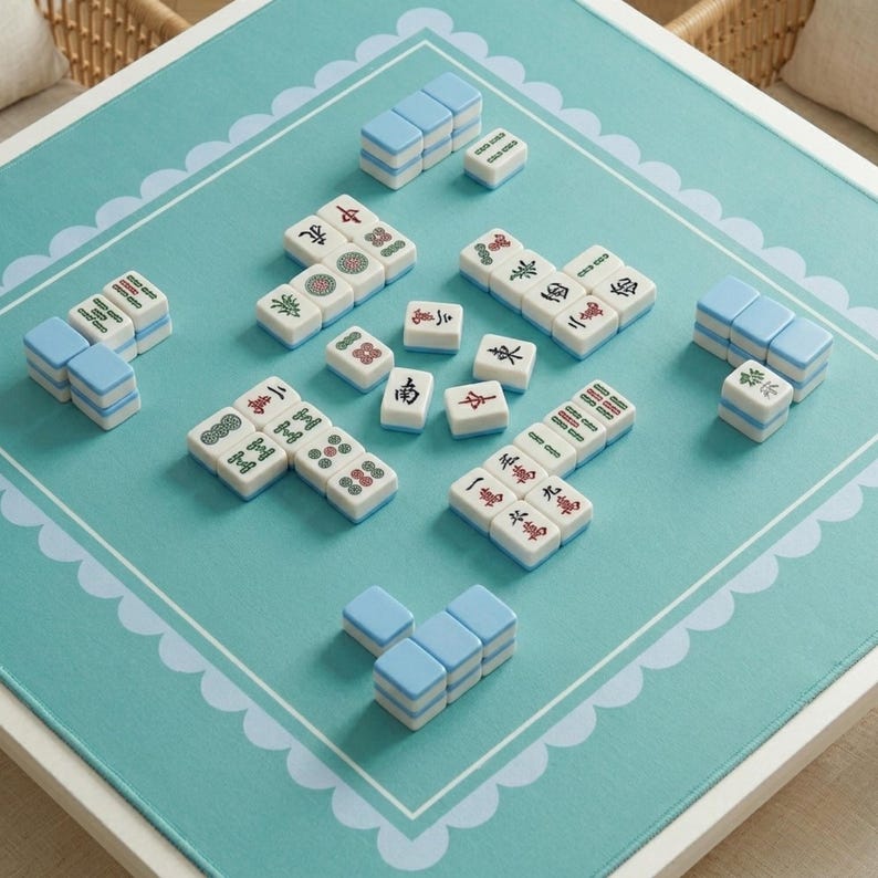 Premium Mahjong Gift Essential Neoprene Table Mat Square Playmat Design Tile Protector Surface Scallop Edge Stitched Construction Nonslip Rubber Backing Waterproof Playing Area Turquoise Seafoam Color Perfect Game Accessory Collection