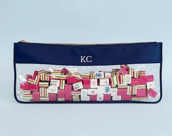 Personalized Mahjong Bag Design Custom Monogram Leather Trim Stylish Accessory Tile Storage Clear Case Mahjong Gift Travel Organizer