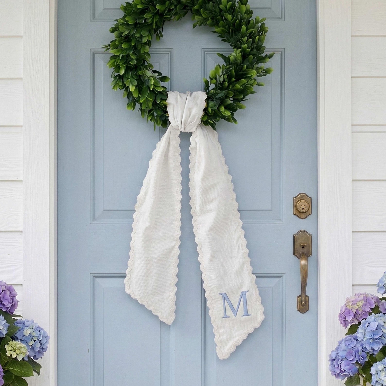 Spring Wreath Sash White with White, Light Blue (Please add letter 'H')