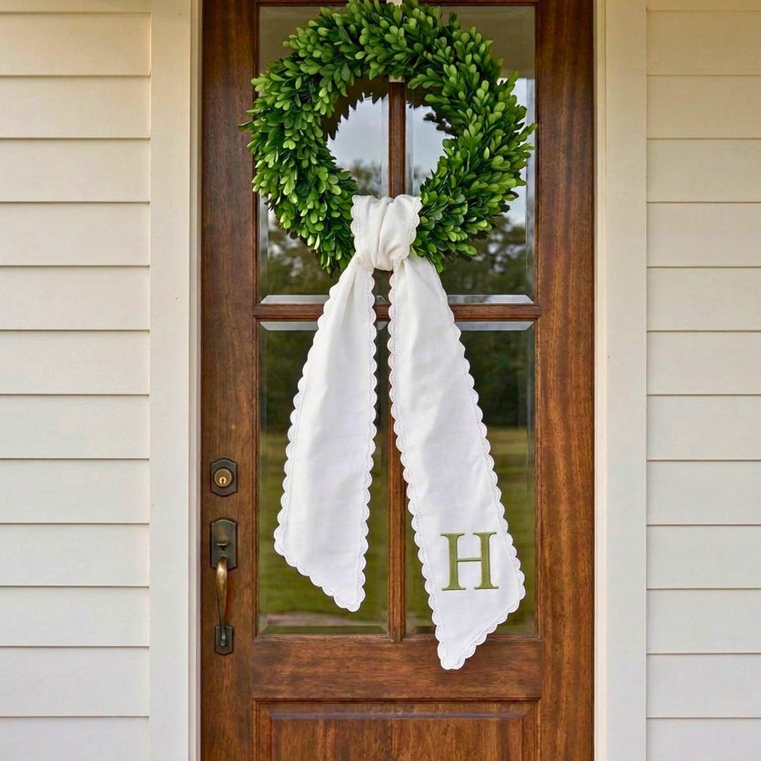 Spring Wreath Sash Personalized Decoration Embroidered Initial Ribbon Accent Cotton Canvas Scalloped Edge Ric Rac Custom Decor Door Gift
