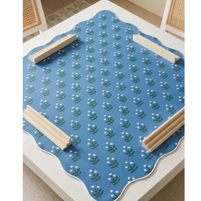 Soft Pink Floral Design Mahjong Mat Neoprene Game Pad Blue Tile Playing Surface Scalloped Edge Border Table Protector Portable Travel Case Canvas Bag Perfect Gift Mahjong Enthusiast Premium Quality Construction Beautiful Pattern