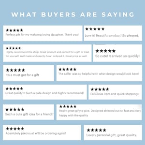 Pu&ograve; includere: Una grafica azzurra con il testo "WHAT BUYERS ARE SAYING" in alto. Sotto, recensioni dei clienti con valutazioni a stelle, che elogiano la qualit&agrave; del prodotto, le idee regalo e il servizio utile. Le recensioni sono in riquadri bianchi.