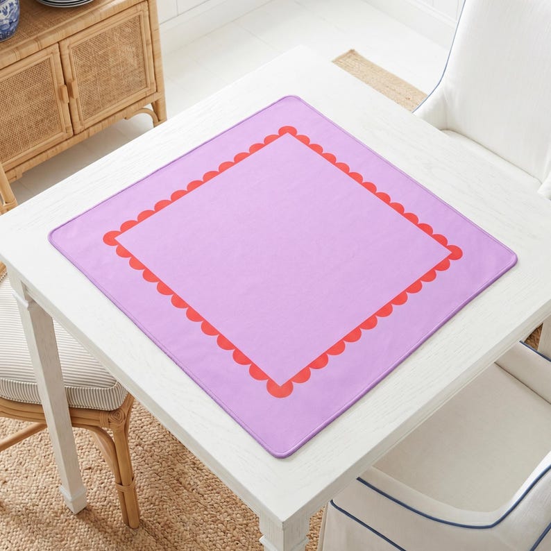 Square Tile Protector Pad Pink Lavender Gaming Surface Mahjong Table Mat Waterproof Neoprene Tabletop Cover Nonslip Rubber Backed Liner Soft Fabric Top Perfect Game Room Gift Women Players Red Scalloped Border Frame Premium Quality