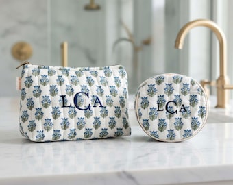 Neceser con estampado de bloques, bolsa de algodón con monograma, organizador de viaje, estuche para cosméticos, juego de artículos de tocador bordados, almacenamiento de baño personalizable
