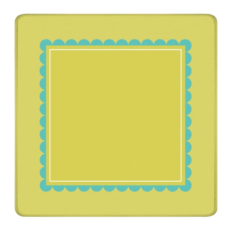 Game Surface Protector Mahjong Mat Waterproof Nonslip Backing Vibrant Chartreuse Yellow Color Turquoise Scallop Border Pattern Square Table Liner Soft Neoprene Material Tile Protection Gaming Essential Stitched Edge Design Premium