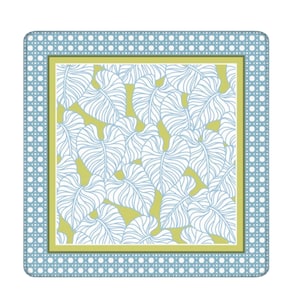 Premium Game Table Pad Square Mahjong Mat Coastal Design Botanical Print Pattern Light Blue Cane Rattan Border Neoprene Gaming Surface Non Slip Backing Quality Construction Stitched Edges Perfect Gift Gaming Enthusiasts Game Room Essential
