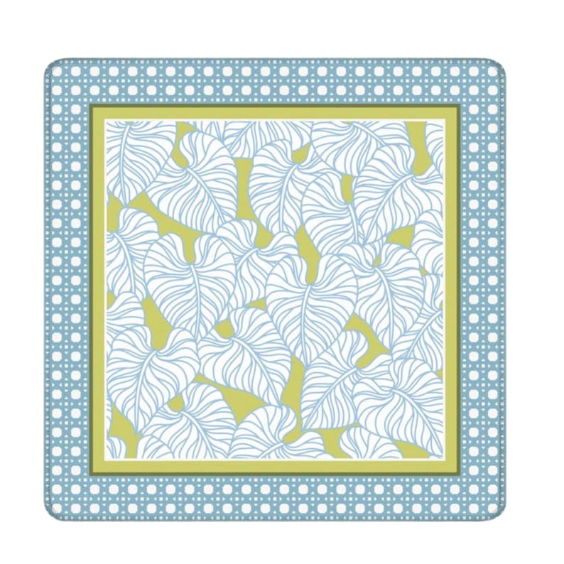 Premium Game Table Pad Square Mahjong Mat Coastal Design Botanical Print Pattern Light Blue Cane Rattan Border Neoprene Gaming Surface Non Slip Backing Quality Construction Stitched Edges Perfect Gift Gaming Enthusiasts Game Room Essential